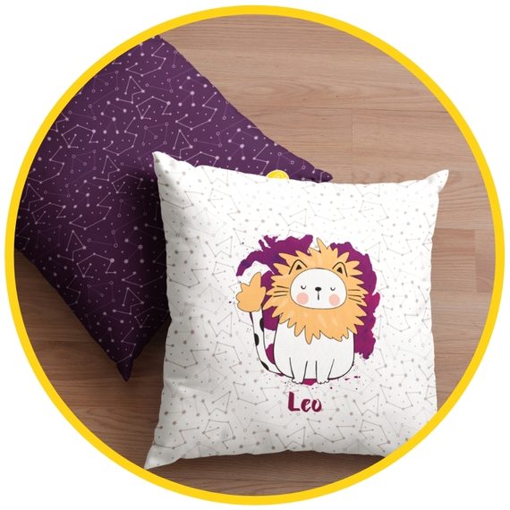 A pet cushion with an Leo zodiac-themed graphic print displayed on the floor from the zodiac-pugs collections from the 12siblings.com homeware collection.