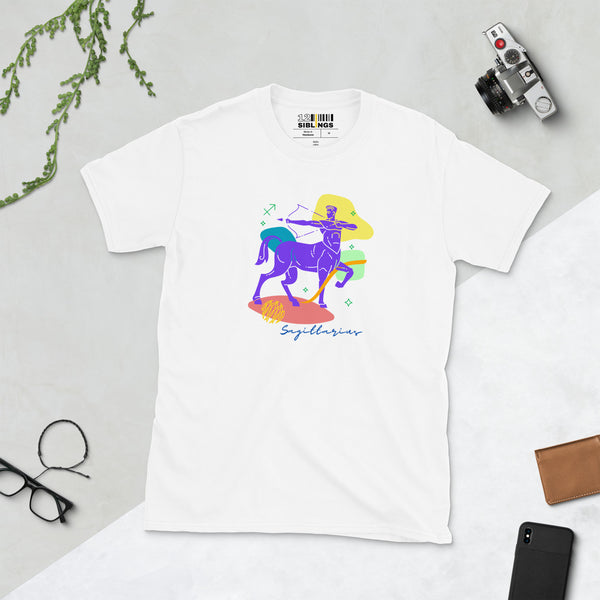 12 siblings zodiac color me indigo half sleeve unisex t-shirt with a camera, phone and reading glasses displayed around it